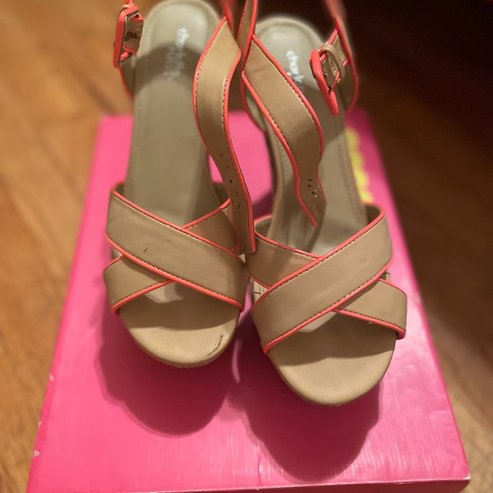 Tan with highlighter pink wedge heel